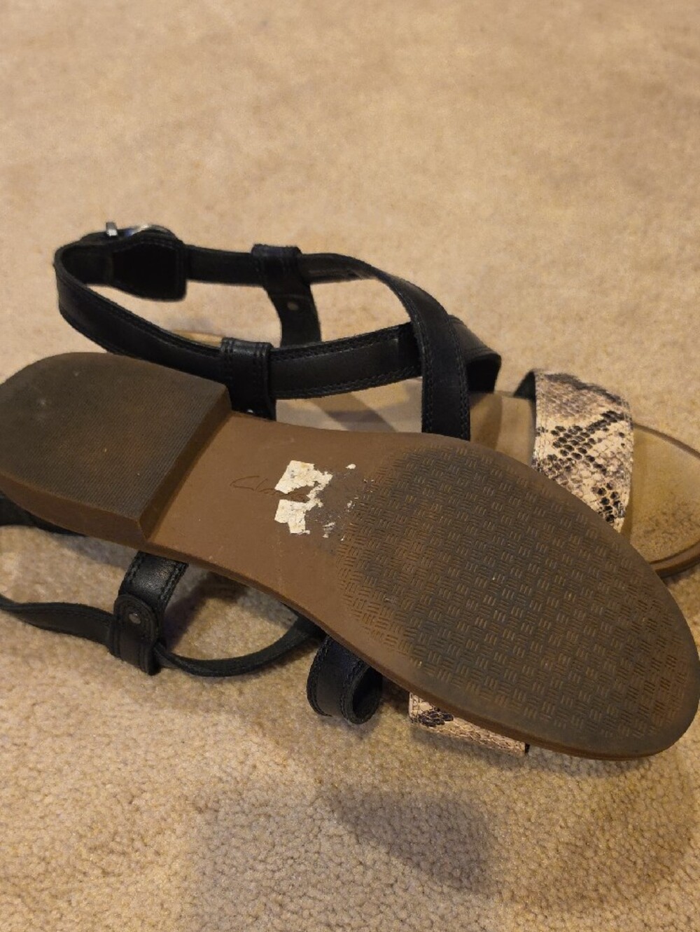 Women’s Black Strappy Sandals with Snake-Print Toe Strap - Picture 3 of 3